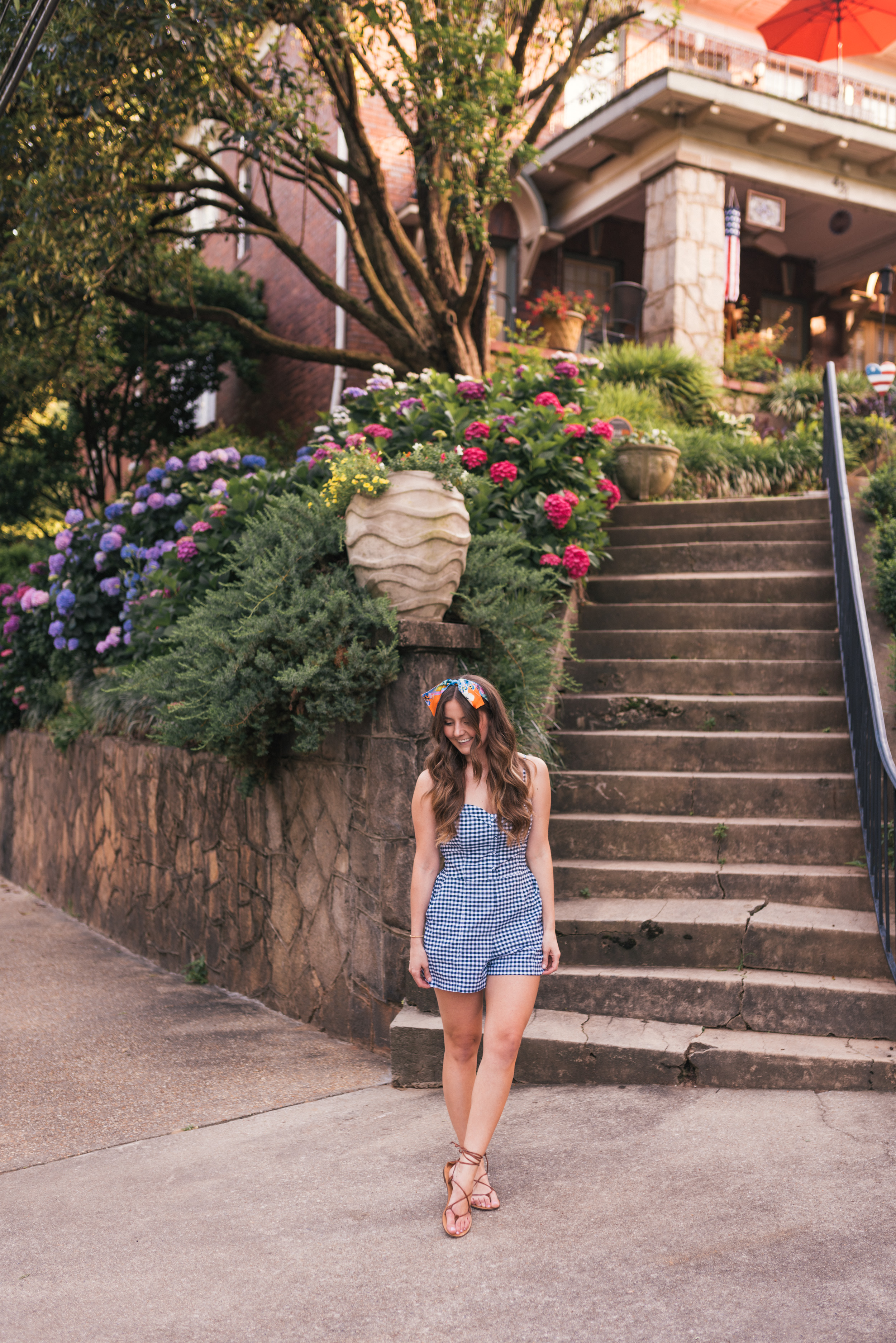 Hello It's LOH, Lejla Hasanovic, Abercrombie Gingham Romper, Ann Taylor Silk Scarf, Summer Style, Atlanta Blogger, Ponce City Market, Lace Up Sandals, J.Crew, Silk Scarf, Head Band, Gingham Top