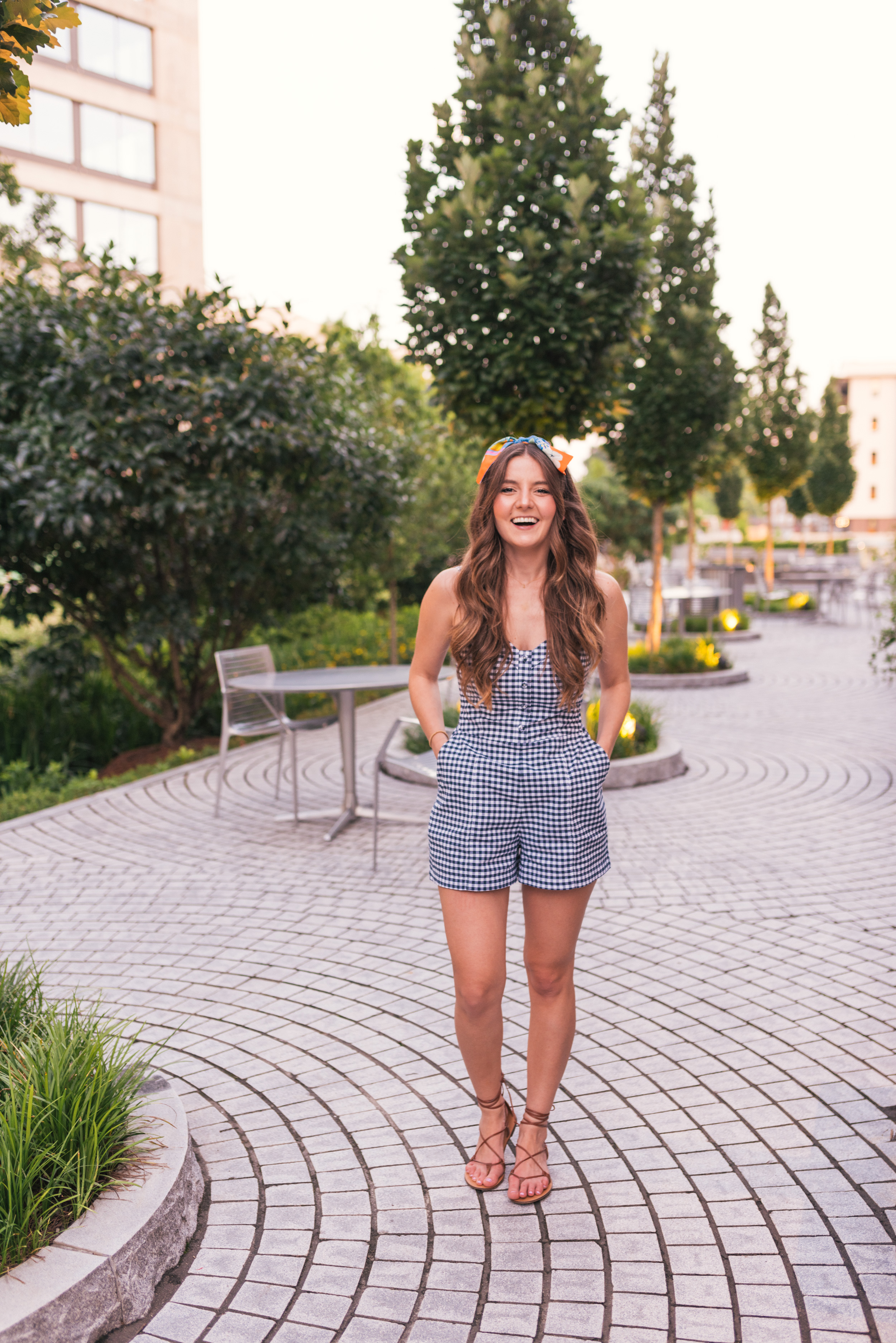 Hello It's LOH, Lejla Hasanovic, Abercrombie Gingham Romper, Ann Taylor Silk Scarf, Summer Style, Atlanta Blogger, Ponce City Market, Lace Up Sandals, J.Crew, Silk Scarf, Head Band, Gingham Top
