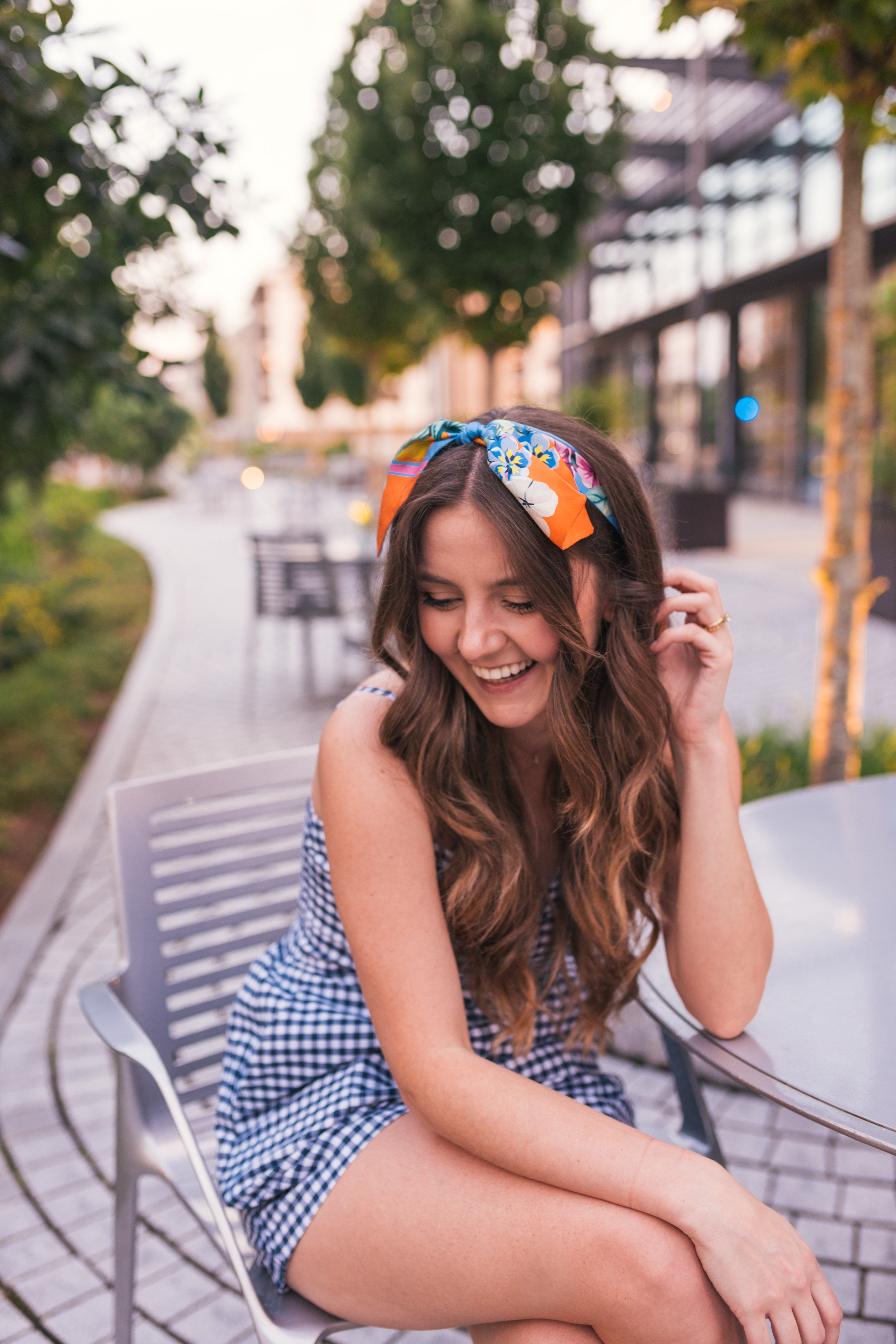 Hello It's LOH, Lejla Hasanovic, Abercrombie Gingham Romper, Ann Taylor Silk Scarf, Summer Style, Atlanta Blogger, Ponce City Market, Lace Up Sandals, J.Crew, Silk Scarf, Head Band, Gingham Top