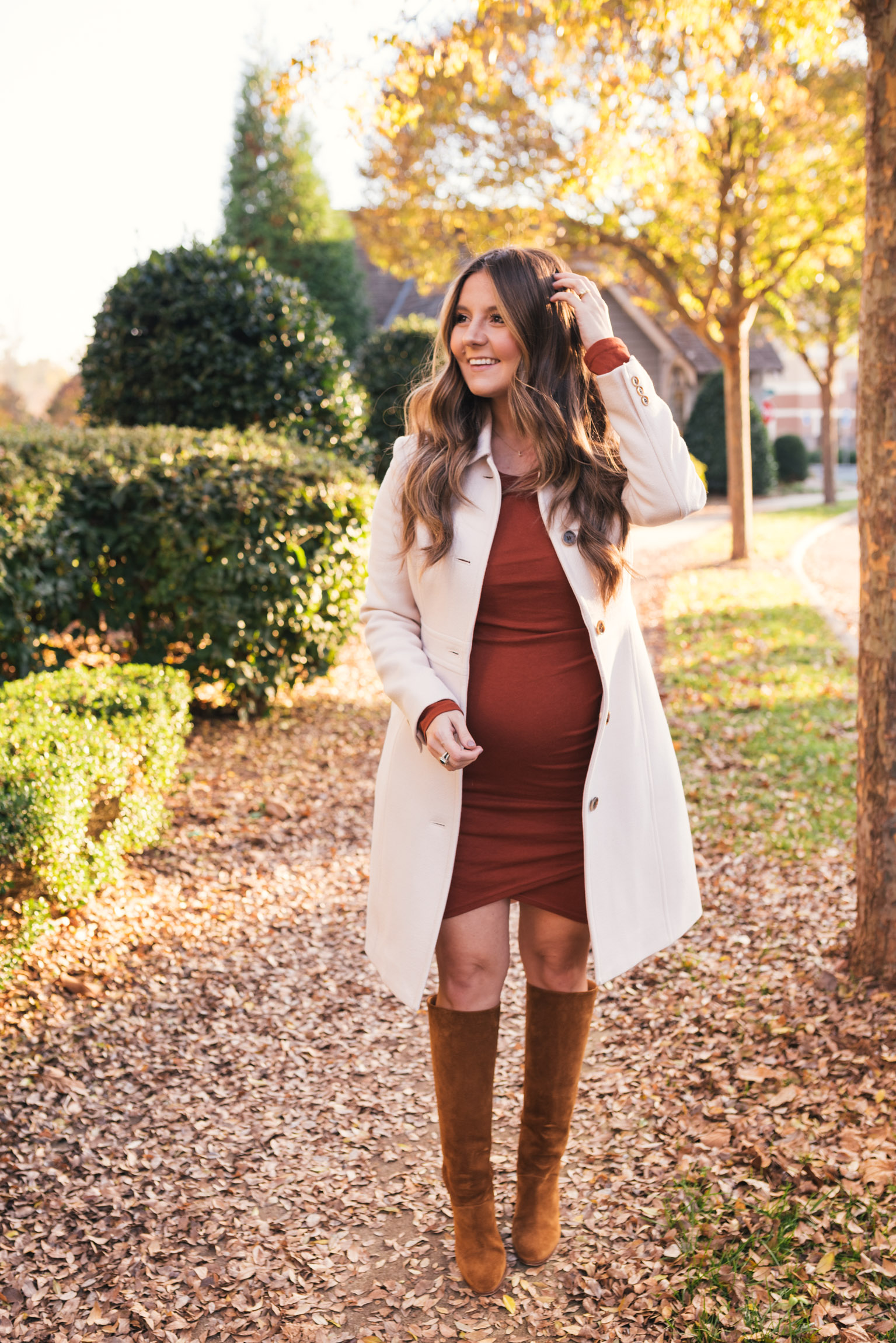 J.Crew Lady Coat, Leith Dress, Sezane Suede Boots, David Yurman Jewelry